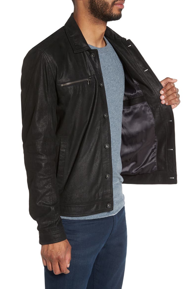 Leather Trucker Jacket, Alternate, color, BLACK