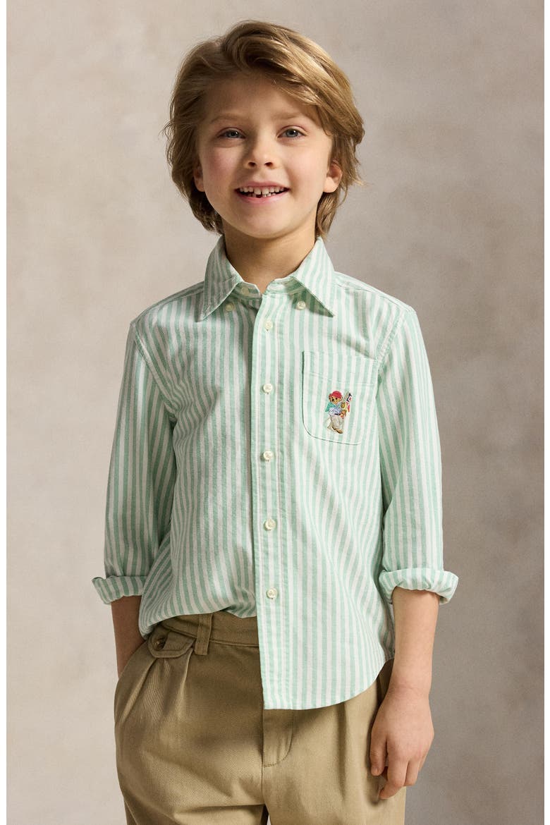 Kids' Stripe Embroidered Cotton Oxford Button-Down Shirt, Alternate, color, GREEN WHITE