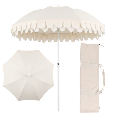 Horizon 6.5 ft. Classic MidCentury Scalloped Fringe Market Beach Umbrella with Push-Button Tilt
