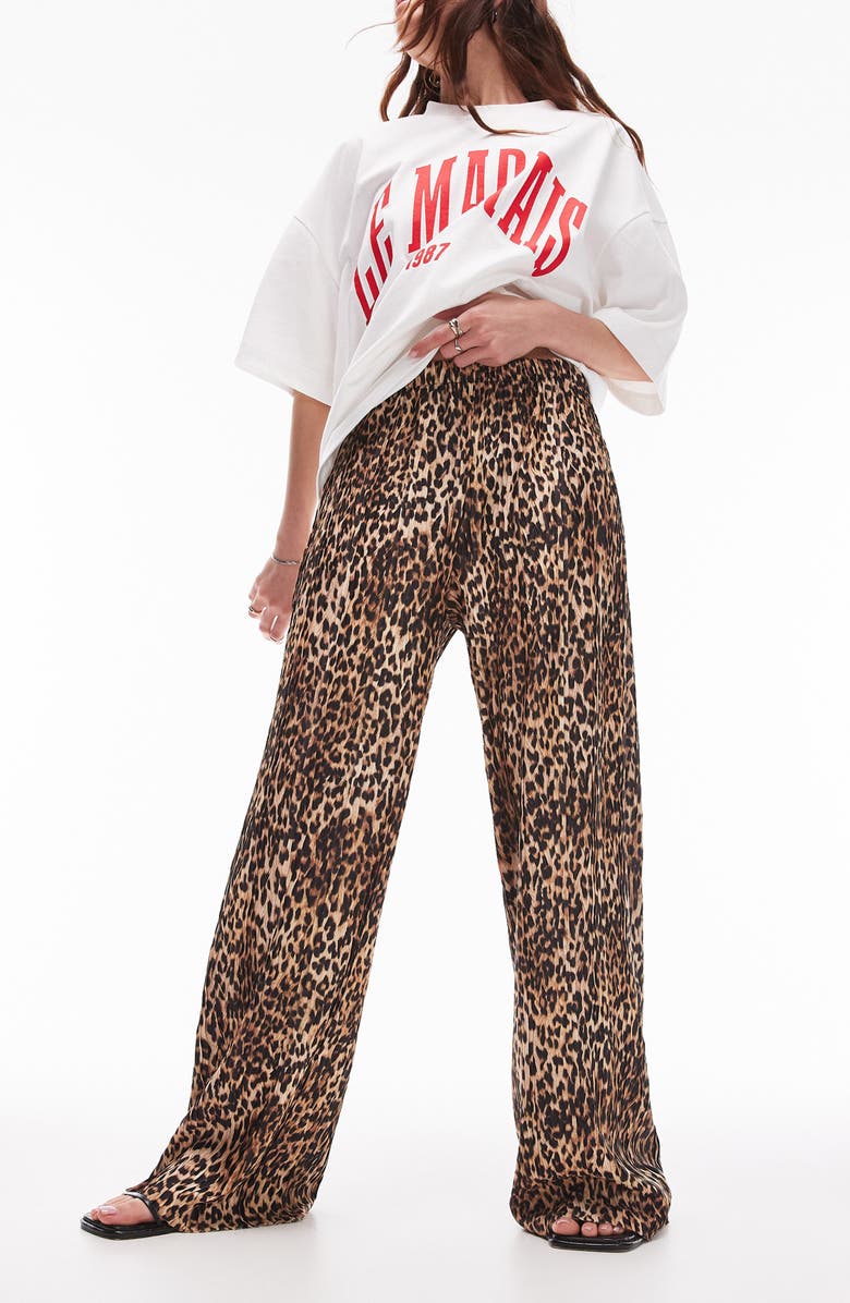 Topshop Animal Plissé Wide Leg Pants, Main, color,