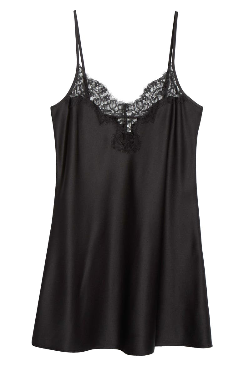 Lace Trim Satin Chemise, Alternate, color, BLACK