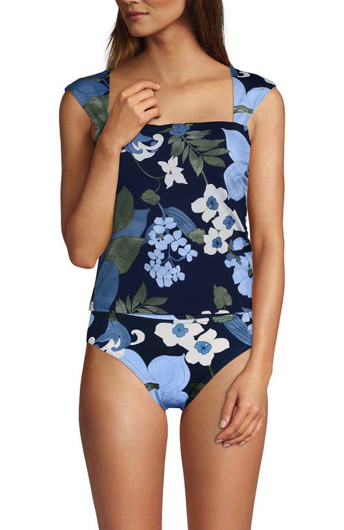 Lands' End Womens Square Neck Underwire Square Back Tankini Swimsuit Top In Deep Sea Navy Lilies