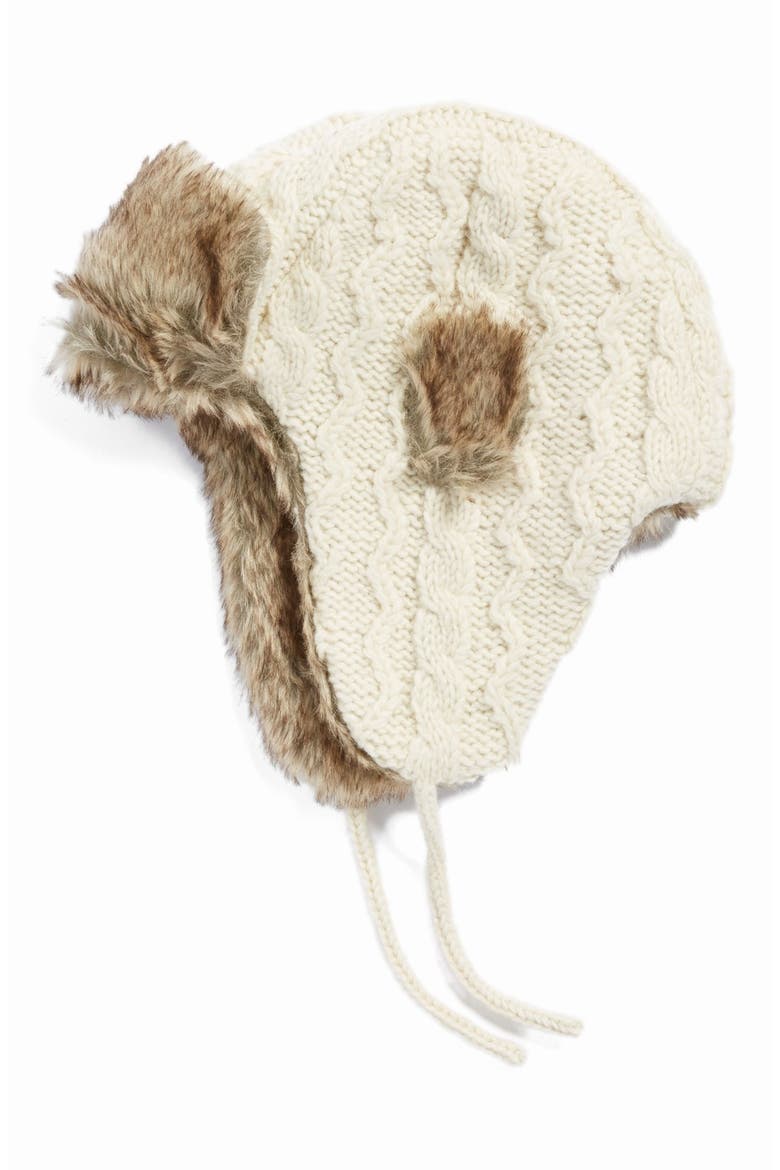 Nirvanna Designs Cable Knit Ear Flap Hat with Faux Fur Trim, Main, color, WHITE