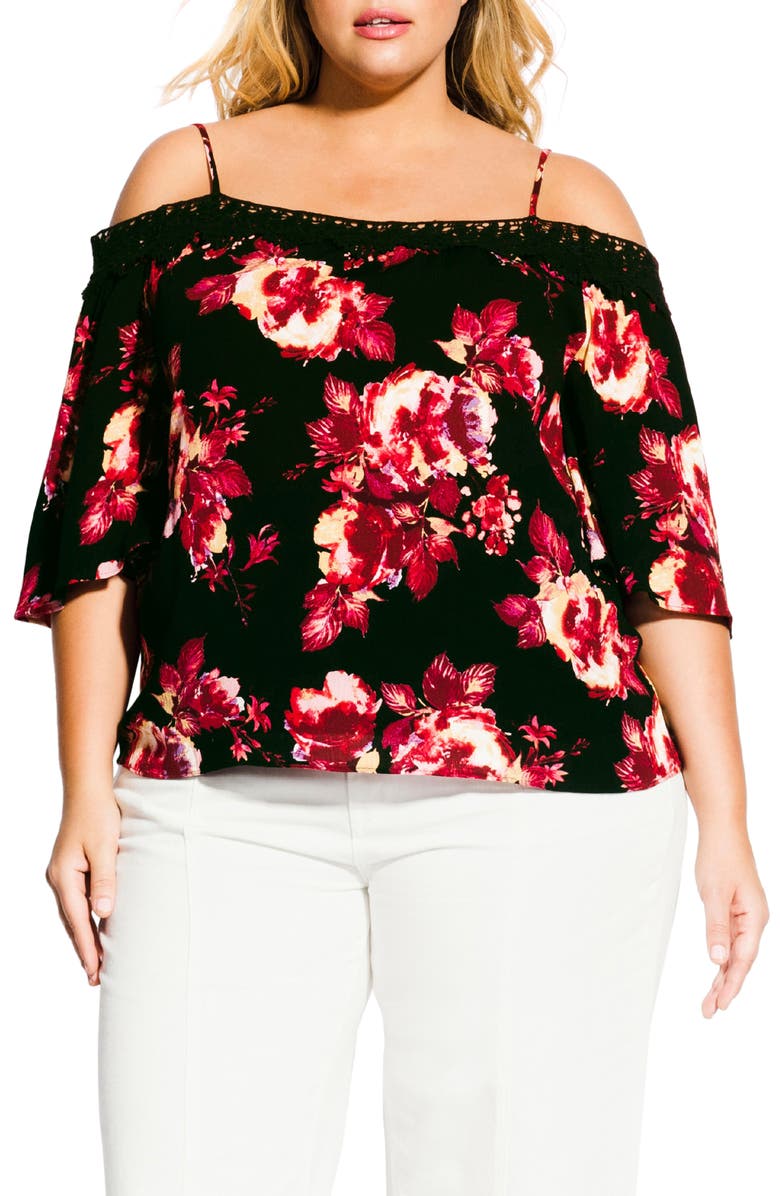 City Chic Monet Black Rose Cold Shoulder Blouse, Main, color, Monet Rose
