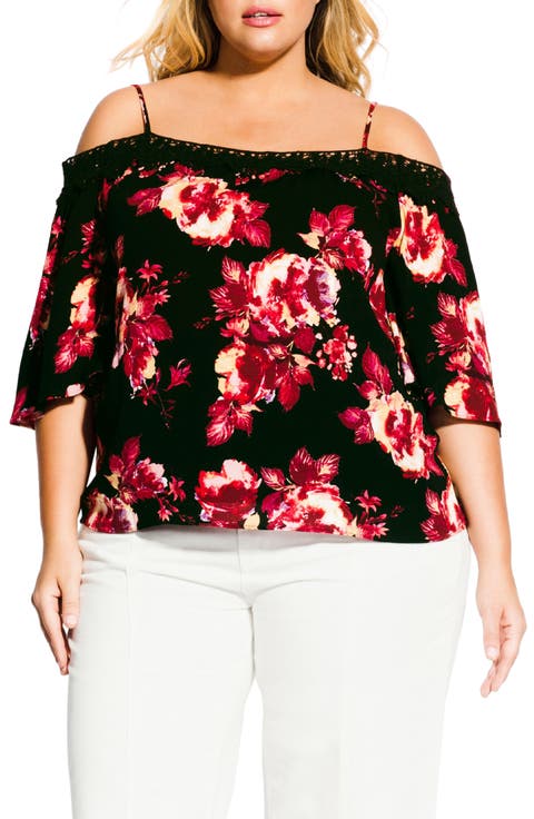 Monet Black Rose Cold Shoulder Blouse (Plus Size)
