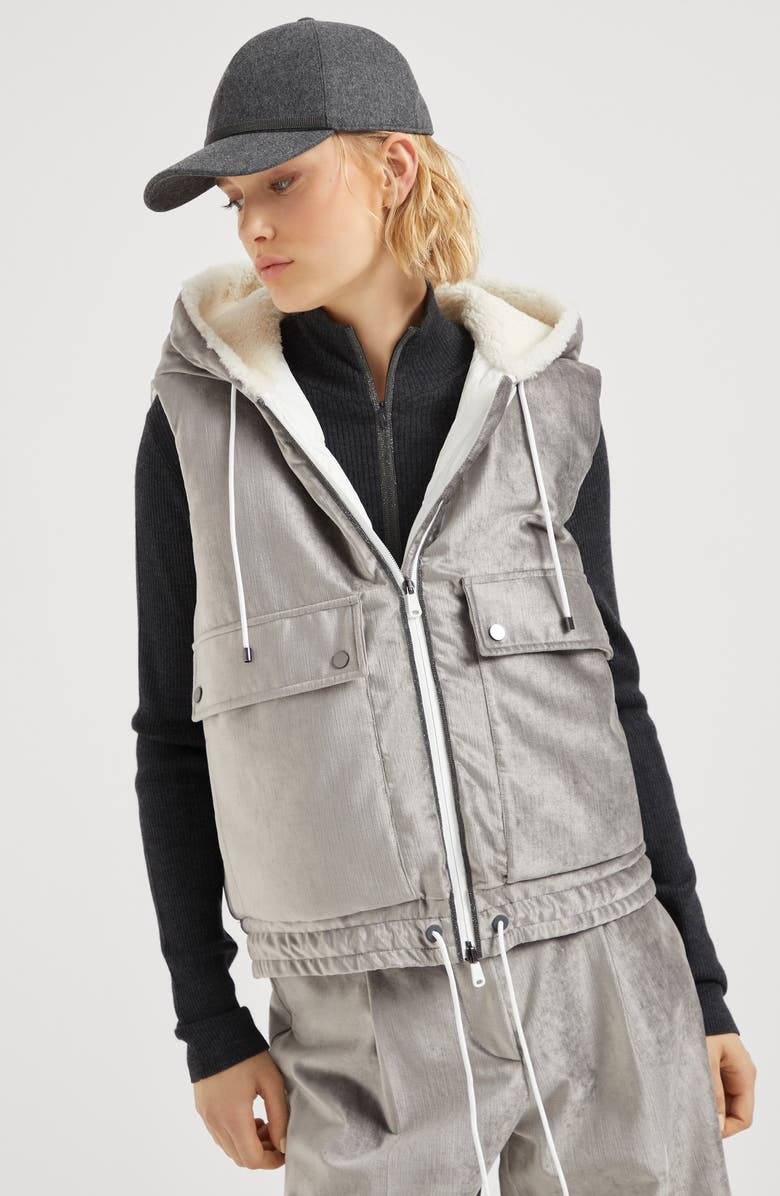 Brunello Cucinelli Cotton and viscose sleek velvet down vest with shiny trims, Alternate, color,