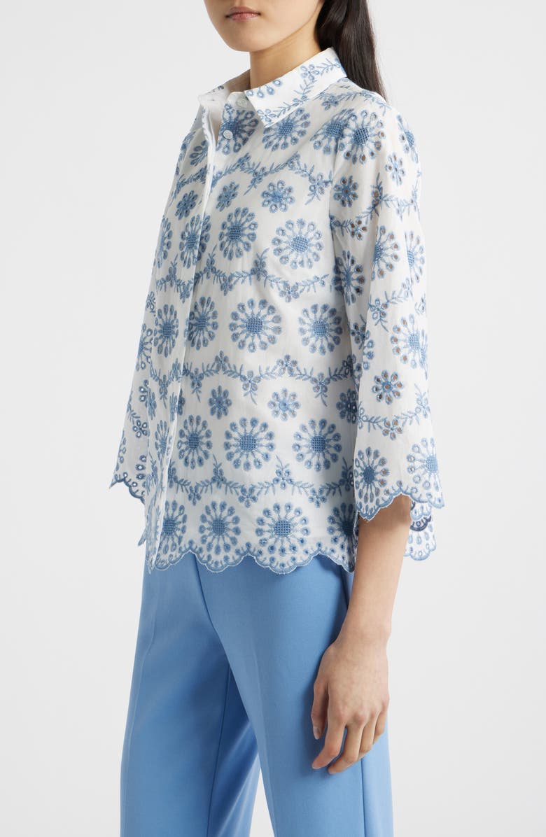 Anne Klein Embroidered Eyelet Cotton Button-Up Shirt, Alternate, color, Crisp White/ Lagoon