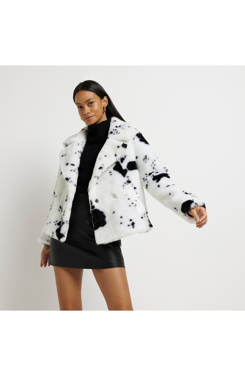 River Island Cow Print Faux Fur Aviator Jacket, Alternate, color,