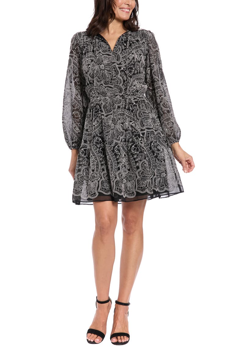 Embroidered Long Sleeve Dress, Main, color, BLACK/ IVORY
