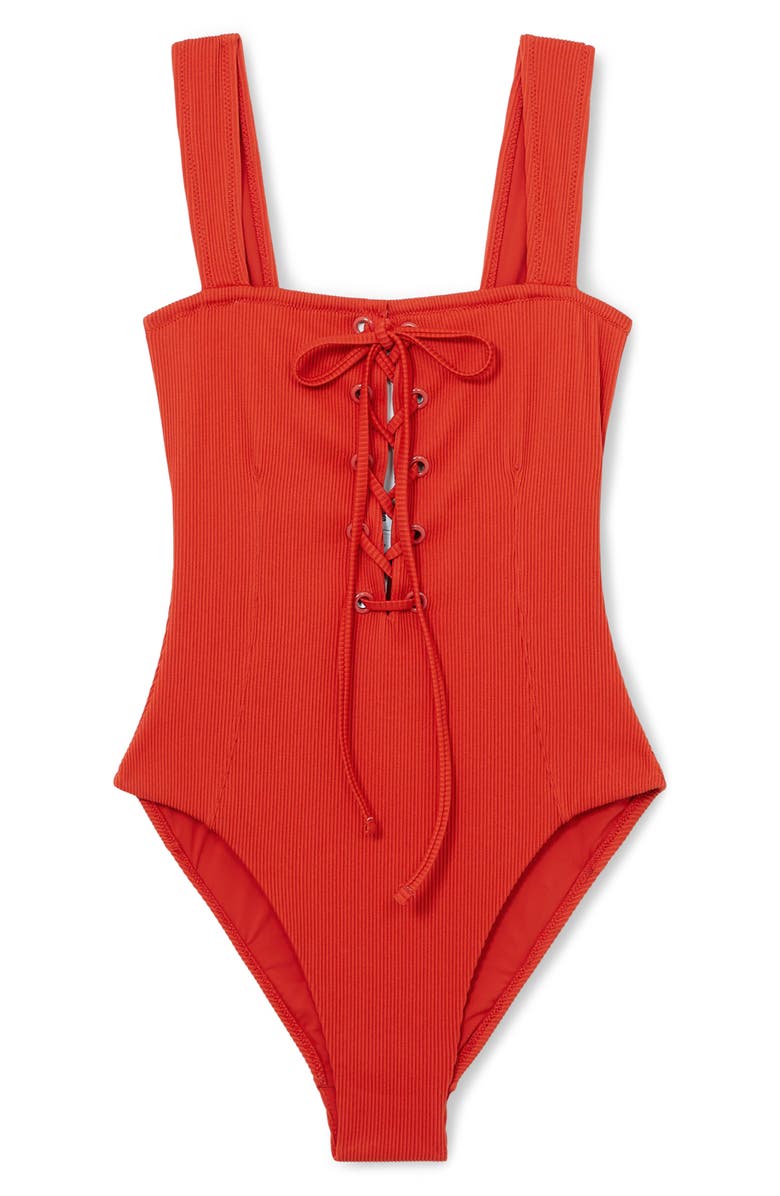 Reiss Fabienne Lace-Up Rib One-Piece Swimsuit, Alternate, color, Orange