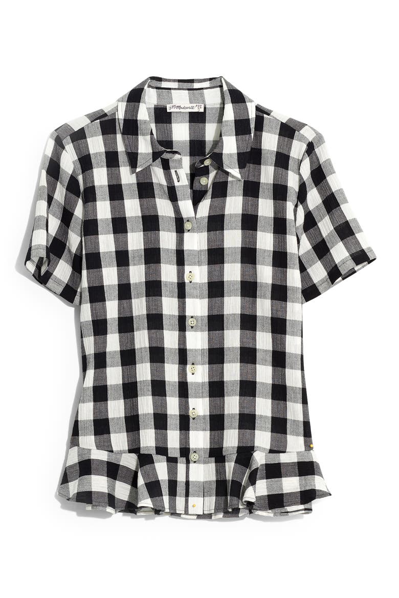 Gingham Peplum Button Down Shirt, Alternate, color, TRUE BLACK TWO SIZE GINGHAM