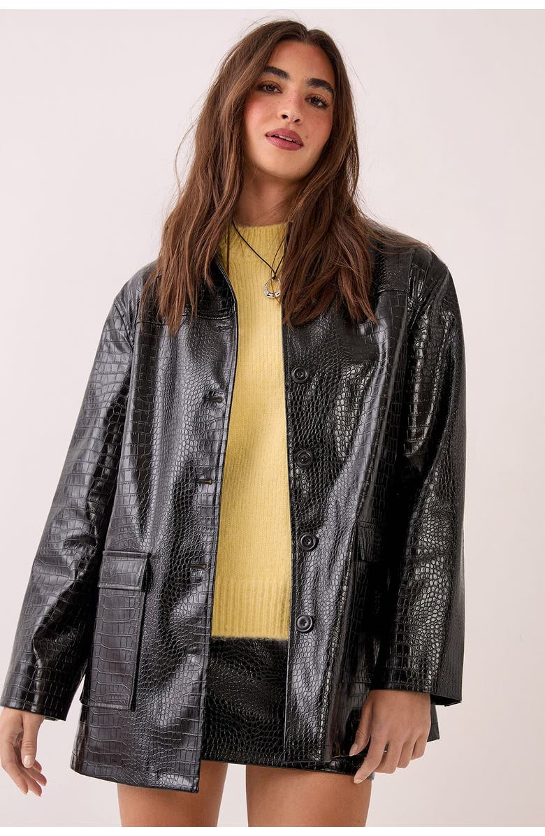 NASTY GAL Croc Vinyl Faux Leather Clean Jacket, Main, color, Black
