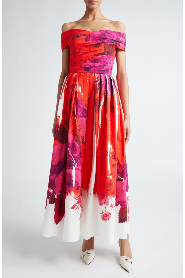 Rose Poppy Print Off the Shoulder Midi Cocktail Dress, Main, color, ROSE POPPY