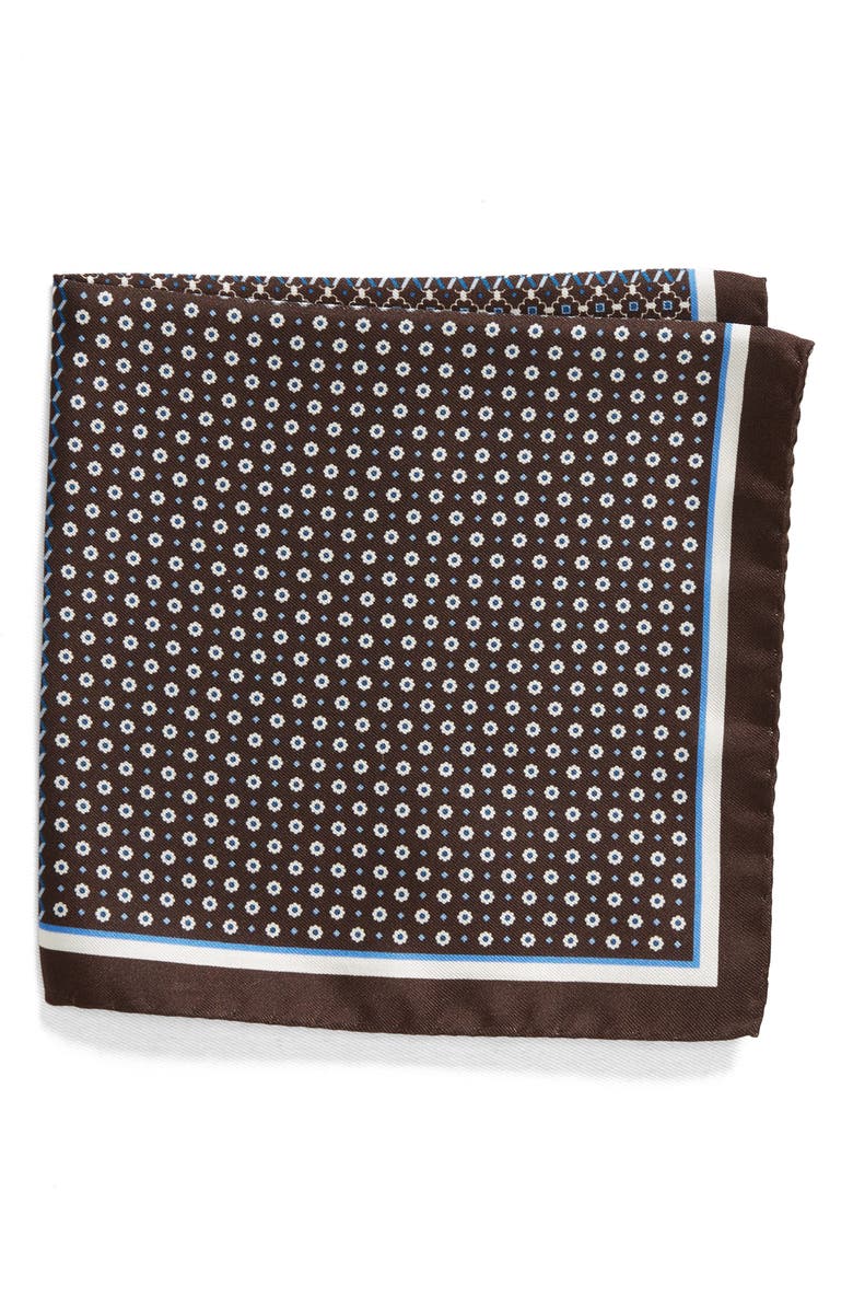 Eton Quadrant Silk Pocket Square, Main, color, Off White/ Brown