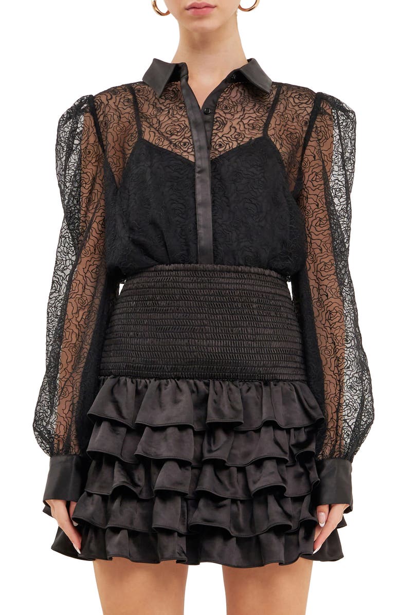 Endless Rose Embroidered Mesh Sheer Button Front Long Sleeve Blouse, Main, color,