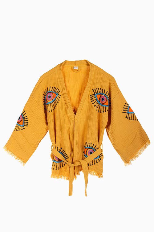 Forever & Always Shoes Sereia Evil Eye Handmade Cotton Short Kimono In Mustard Yellow