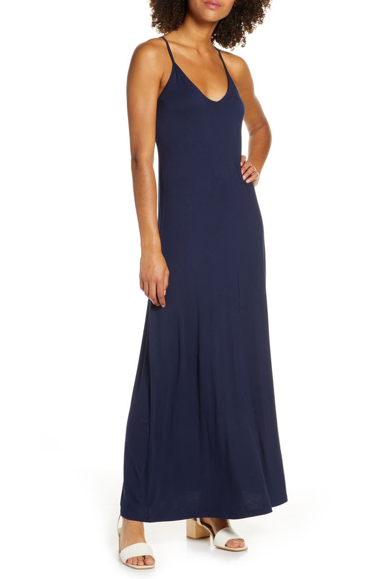 Racerback V-Neck Maxi Dress, Main, color, NAVY