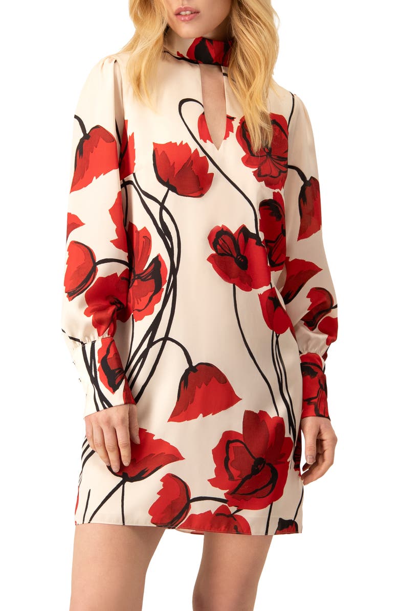 IVONNE Floral Print Mini Dress with Mock Neck, Main, color, Ivory-Red