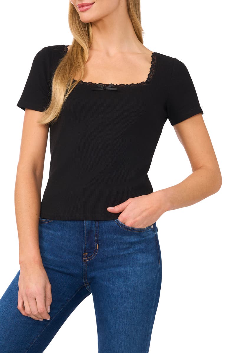 CeCe Lace Trim Cotton Blend Knit Top, Main, color,