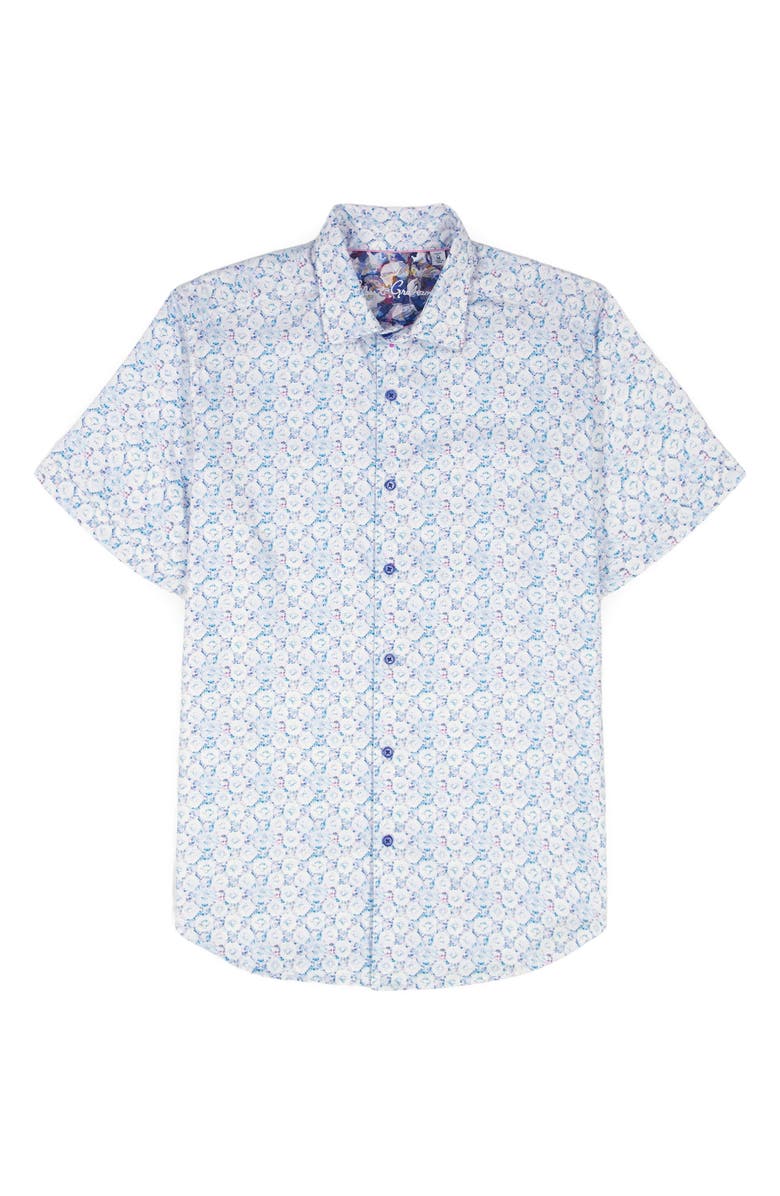 Robert Graham Bramston Medallion Print Short Sleeve Stretch Cotton Button-Up Shirt, Alternate, color, White
