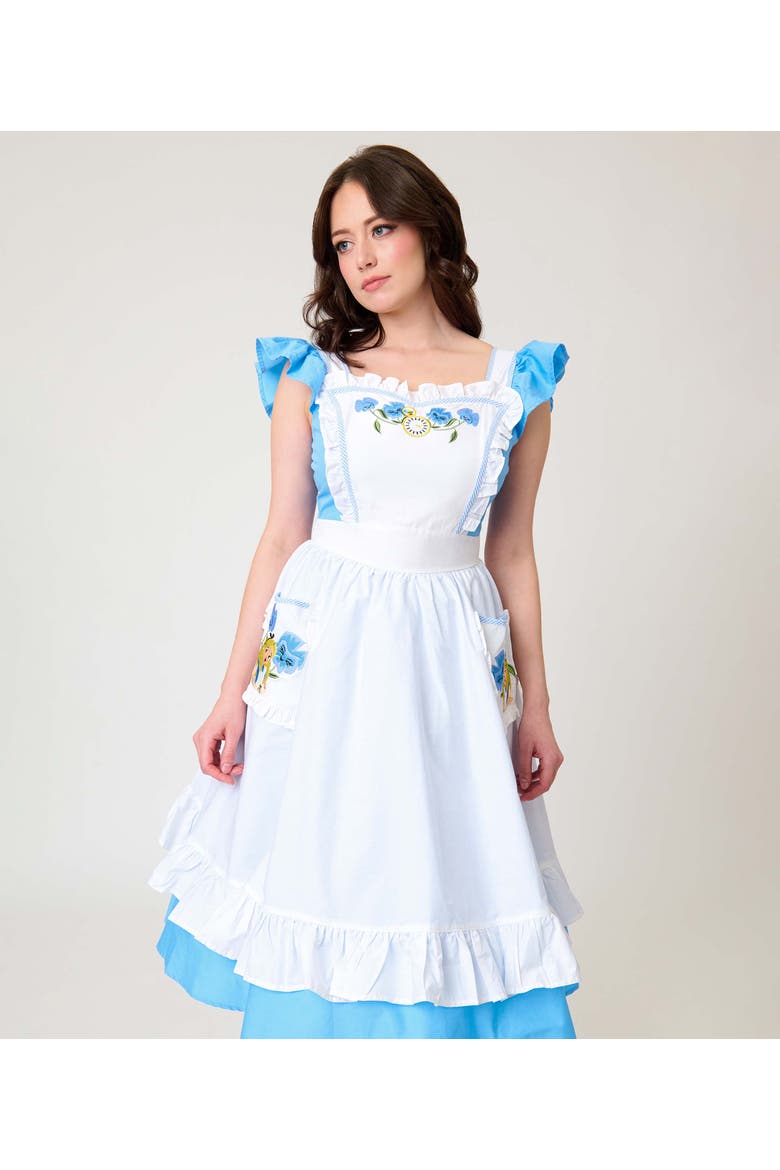 1950s Ruffled Apron Swing Dress, Alternate, color, Blue & White Alice Print