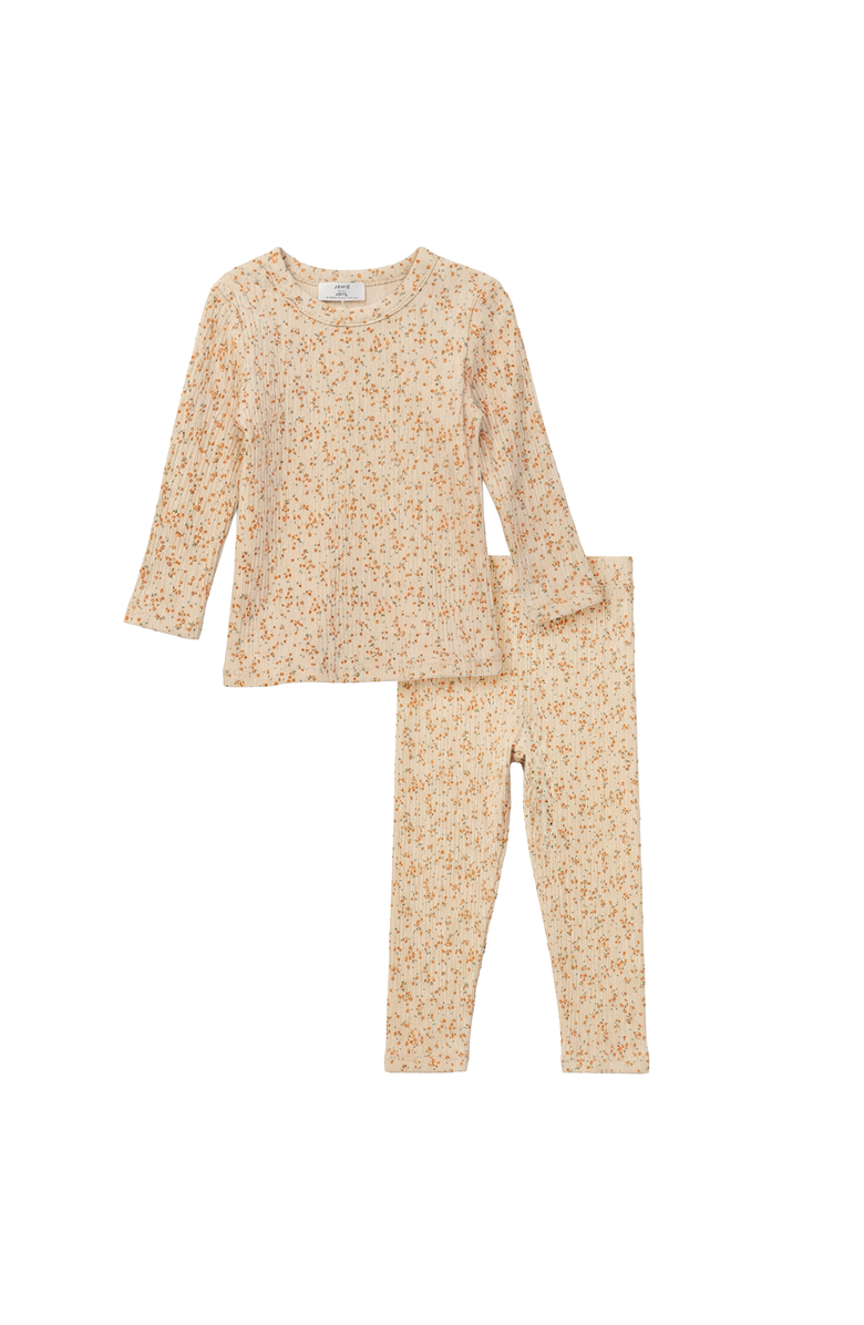 LUX Regular Floral Cotton Rib Long Sleeve Top and Elastic Waist Pants Set, Main, color, Orange