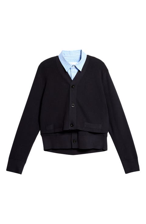Layered Poplin & Knit Cardigan