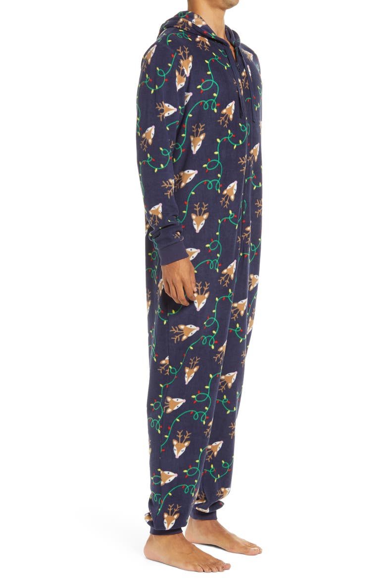 Fam Jam Microfleece Hooded Jumpsuit Pajamas, Alternate, color, NAVY PEACOAT REINDEER