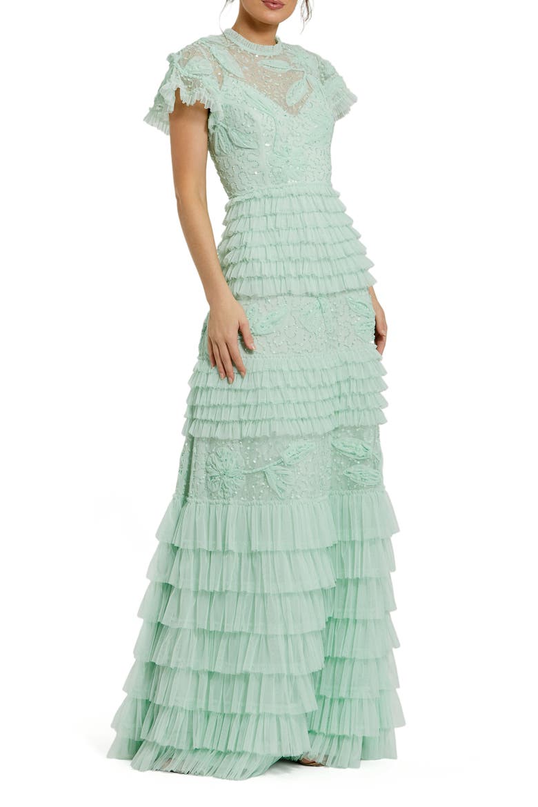 Beaded Mesh High Neck Micro Ruffle Floral Gown, Main, color, Sage
