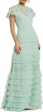 Mac Duggal Beaded Mesh High Neck Micro Ruffle Floral Gown