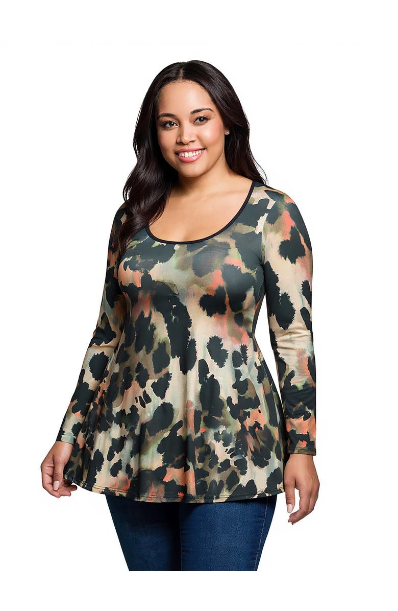 24seven Comfort Apparel Plus Size Multiprint Long Sleeve Scoop Neck A-Line Top, Alternate, color, Green Multi
