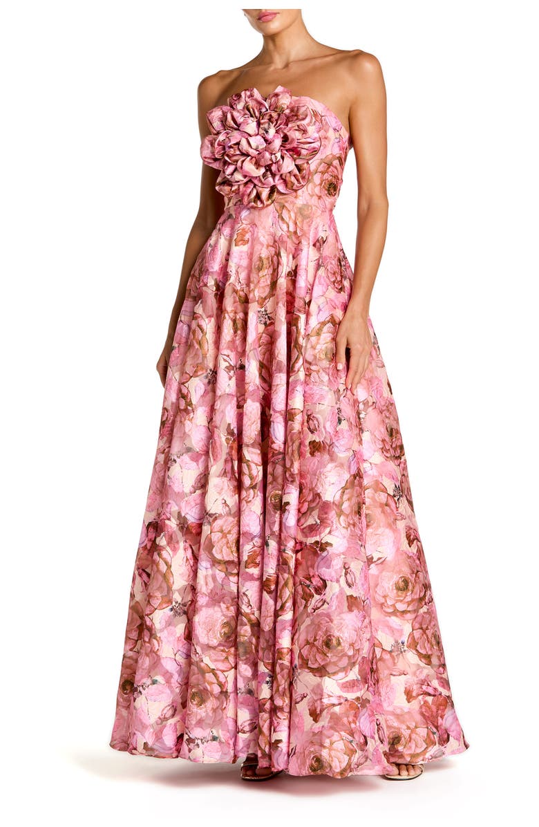 Mac Duggal Strapless Floral Printed A-Line Gown With 3D Flower, Main, color, Rose Multi