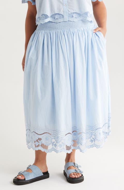 Embroidered Eyelet Cotton Smocked Waist Skirt (Plus)