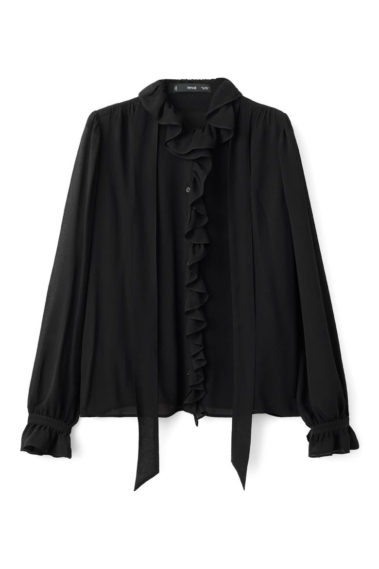Ruffle Front Button Top, Alternate, color, BLACK