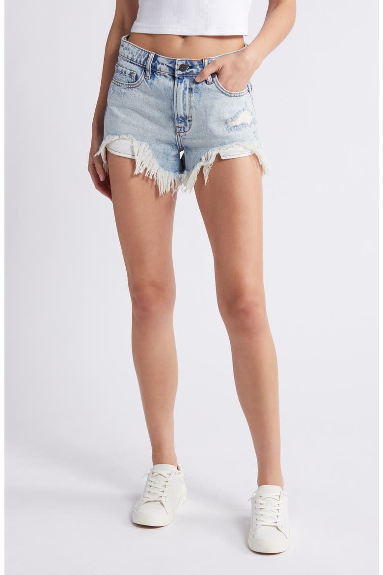 Heavy Frayed High Waist Nonstretch Cutoff Mom Shorts, Main, color, LIGHT WASH