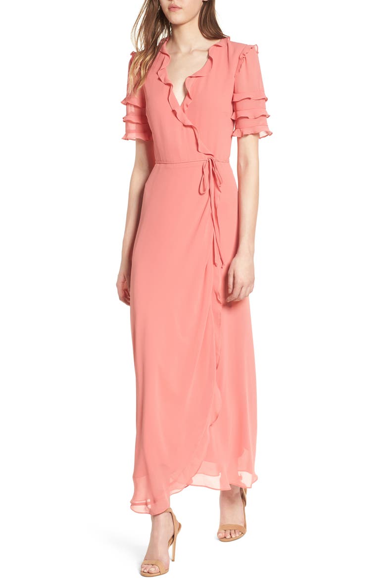 Ruffle Wrap Gown, Main, color, CORAL ROSE TEA