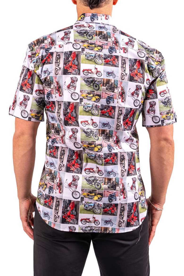 Galileo Resistance0340 White Motorcycle Print Short Sleeve Cotton Button-Up Shirt, Alternate, color, WHITE