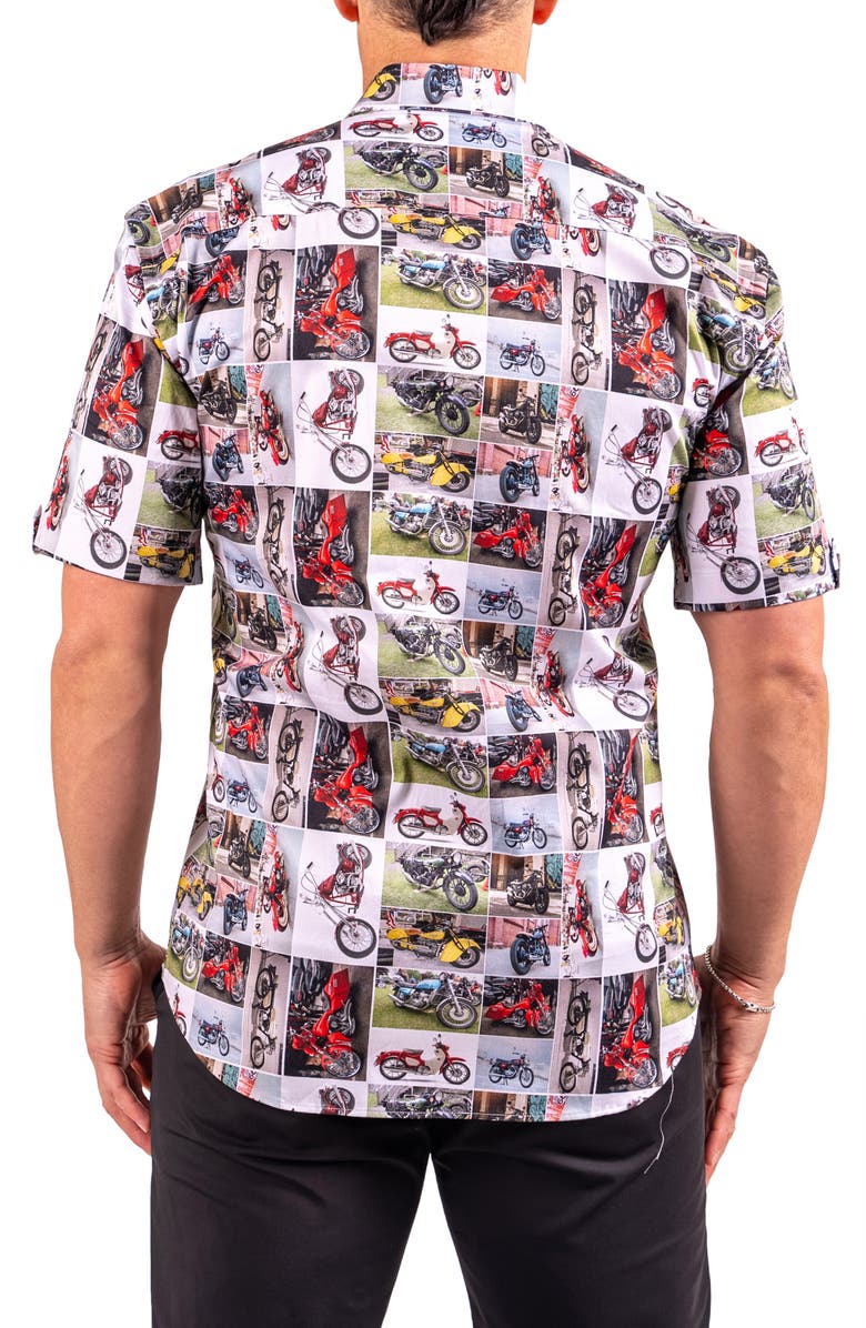 Maceoo Galileo Resistance0340 White Motorcycle Print Short Sleeve Cotton Button-Up Shirt, Alternate, color, White