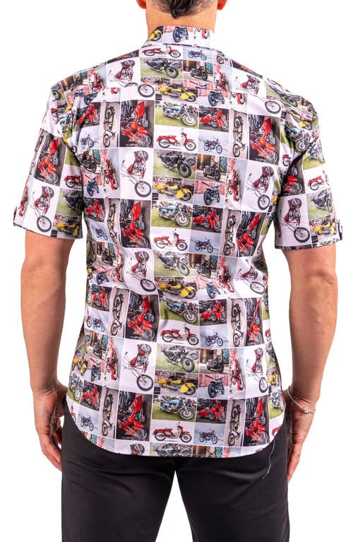Maceoo Galileo Resistance0340 White Motorcycle Print Short Sleeve Cotton Button-up Shirt