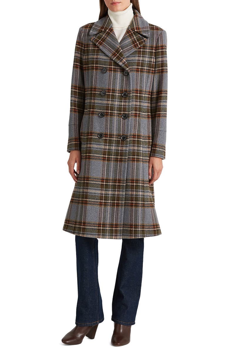 Lauren Ralph Lauren Plaid Double Breasted Wool Blend Long Coat, Main, color,