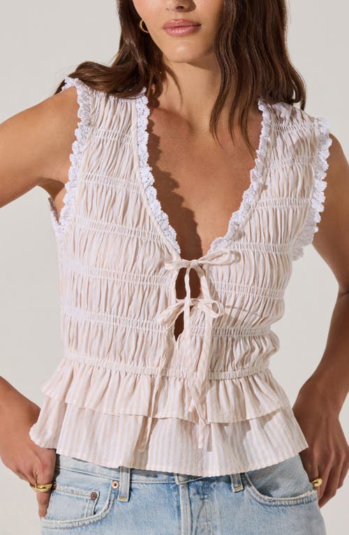 Astr The Label Tie Front Tiered Hem Top In White Beige Stripe