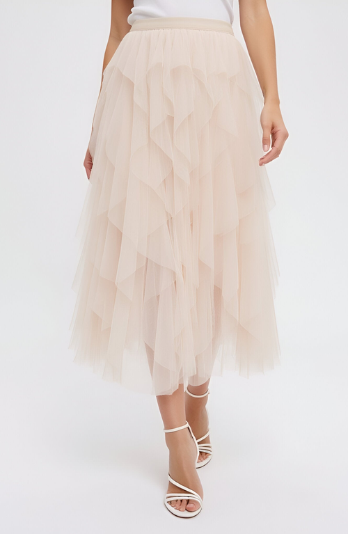 Modenaire Tiered Tulle Midi Skirt With Layered Ruffle Detail And Elastic Waistband In Neutral