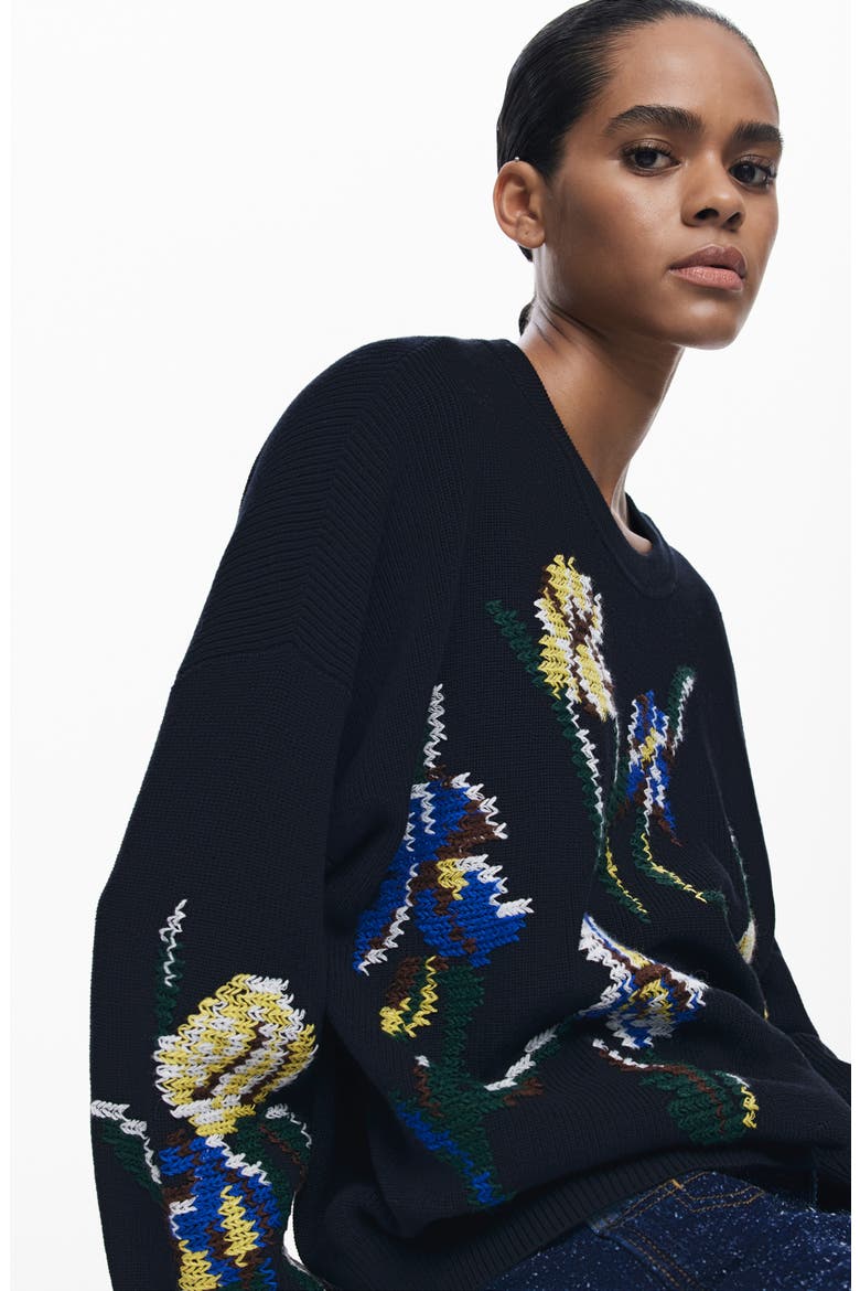 Floral Embroidered Sweater, Alternate, color, BLACK