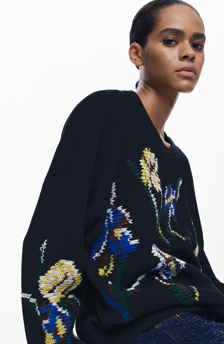 Desigual Floral Embroidered Sweater, Alternate, color, Black