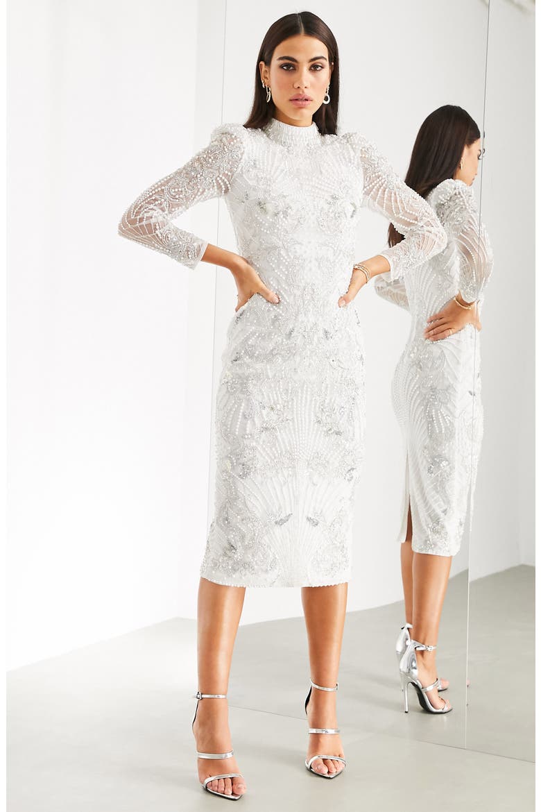 Imitation Pearl Long Sleeve Midi Dress, Main, color, WHITE