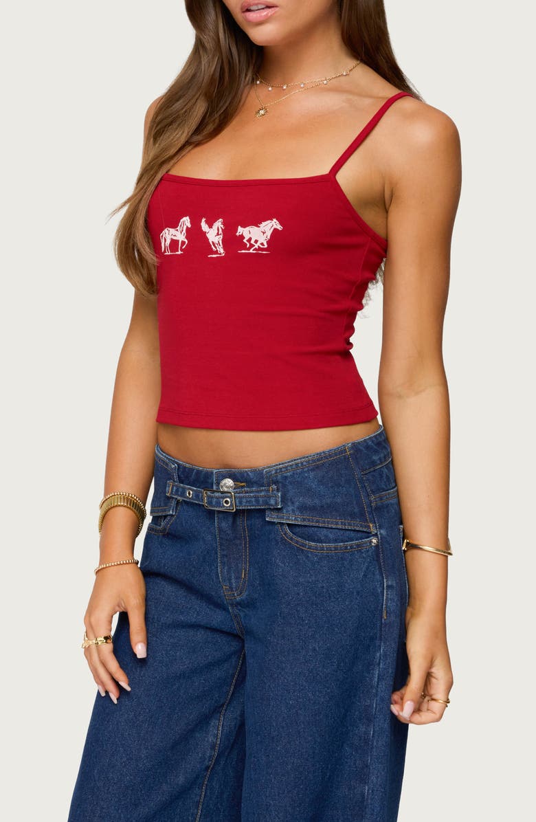 EDIKTED Wild Horses Graphic Crop Camisole, Alternate, color, Red