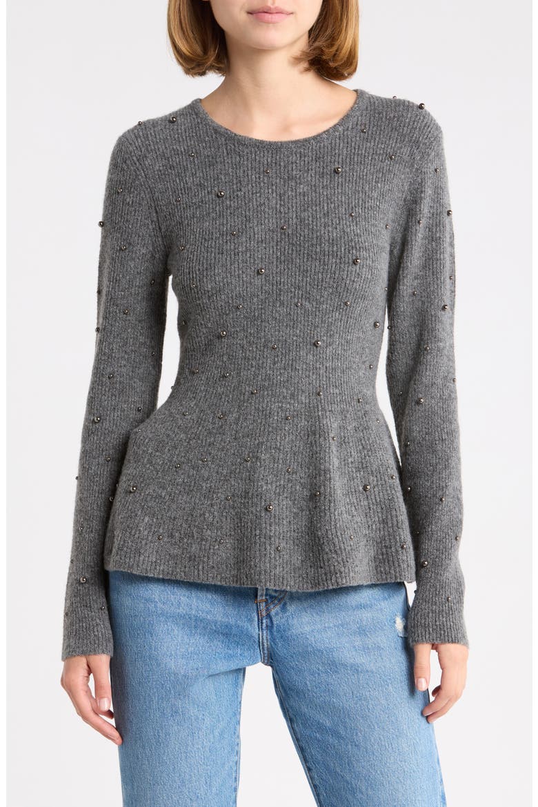 Pearly Embellished Peplum Sweater, Main, color, GREY HEATHER