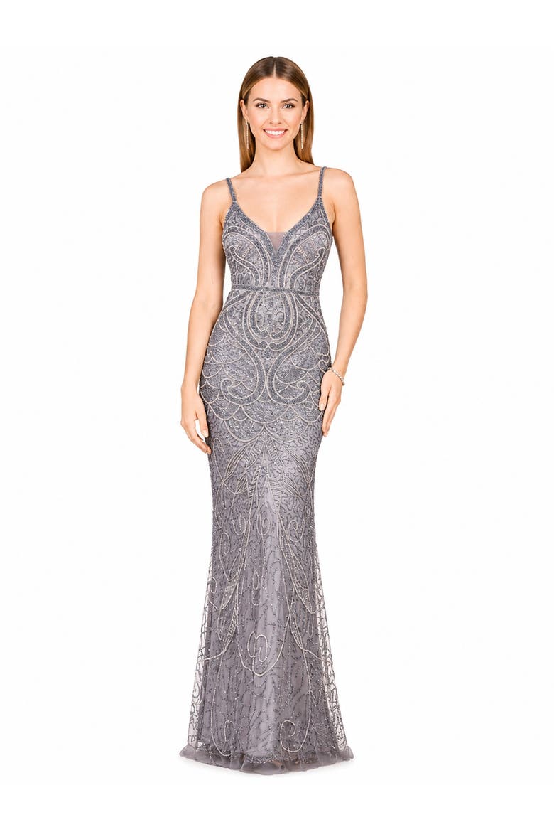 Beaded Faux-Wrap V-Neck Bridal Gown, Main, color, Mid Grey