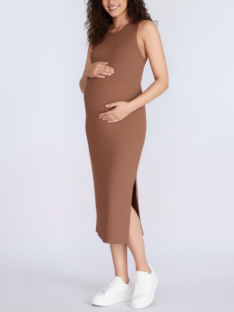 Crew Neck Sleeveless Racerback Maternity Midi Dress