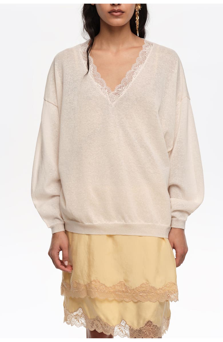 Bimba y Lola Long Linen Cotton Lace Sweater, Main, color, Ivory